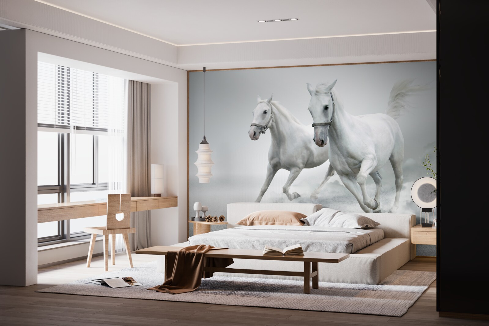 Fototapet doi armăsari albi ca zăpada aleargă pe suprafața nisipoasă strălucitoare