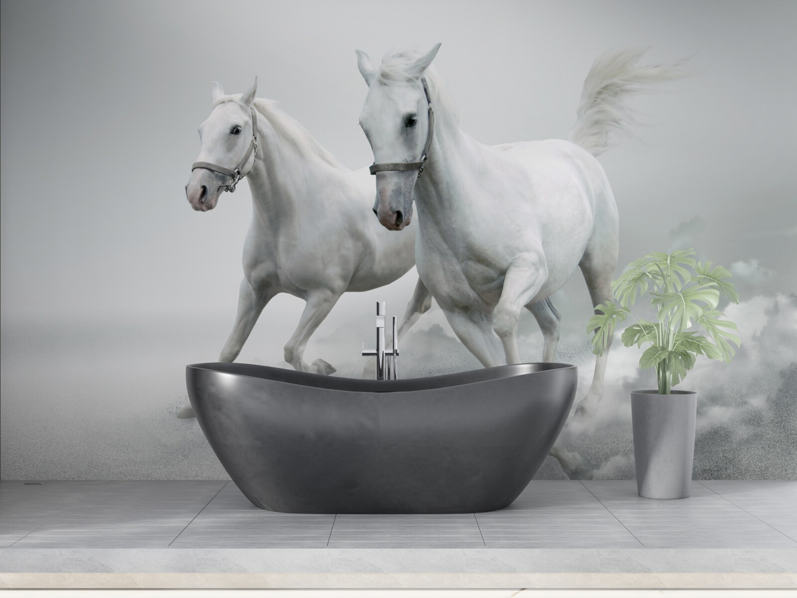 Fototapet doi armăsari albi ca zăpada aleargă pe suprafața nisipoasă strălucitoare