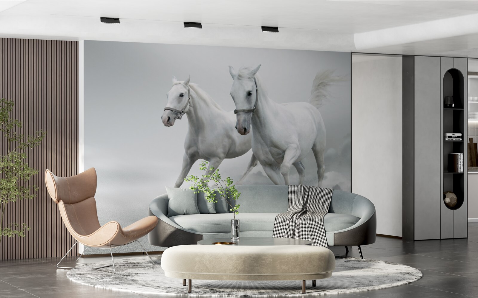 Fototapet doi armăsari albi ca zăpada aleargă pe suprafața nisipoasă strălucitoare