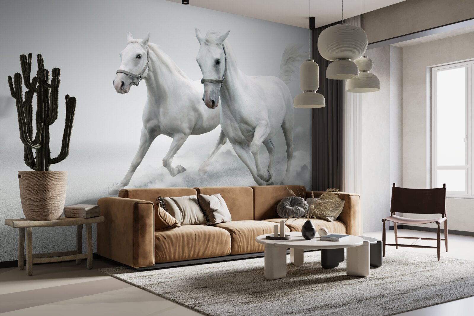 Fototapet doi armăsari albi ca zăpada aleargă pe suprafața nisipoasă strălucitoare