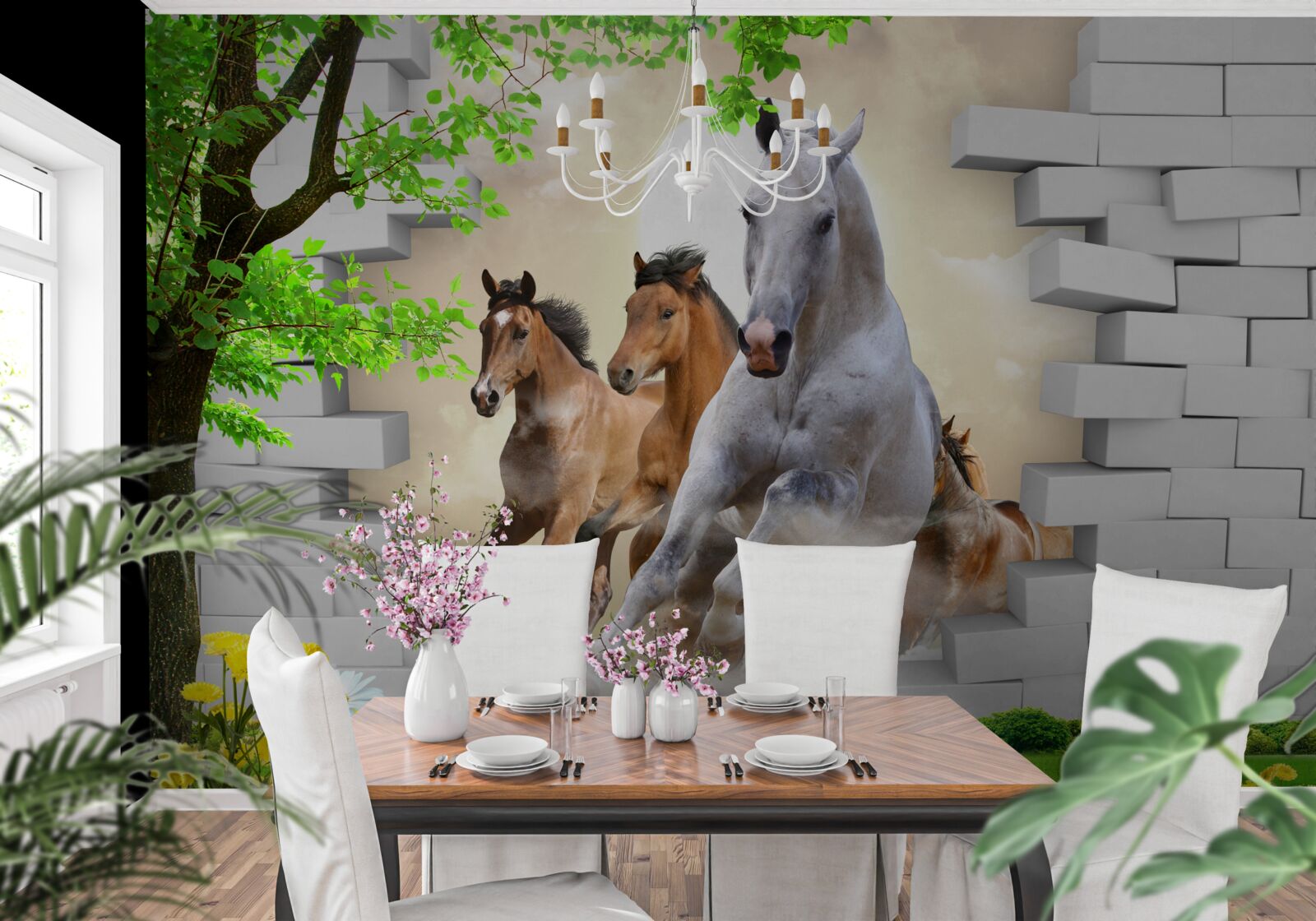 Fototapet diverși cai distrug cărămizi cu galopul lor