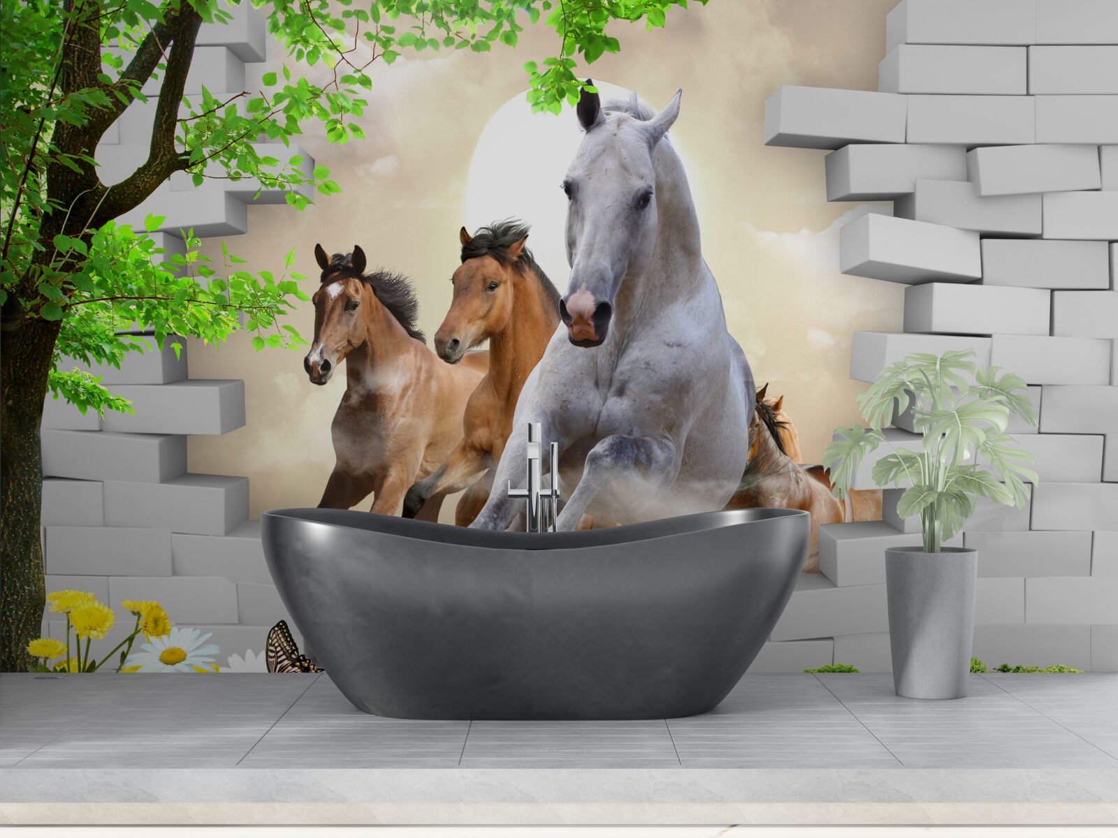 Fototapet diverși cai distrug cărămizi cu galopul lor