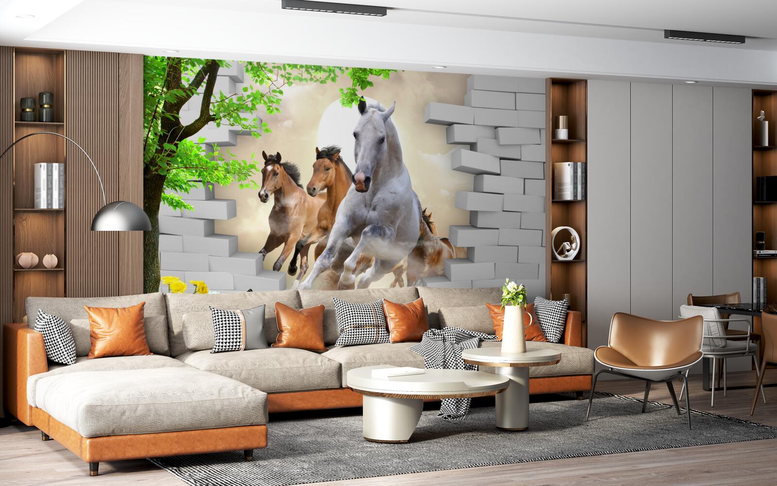 Fototapet diverși cai distrug cărămizi cu galopul lor