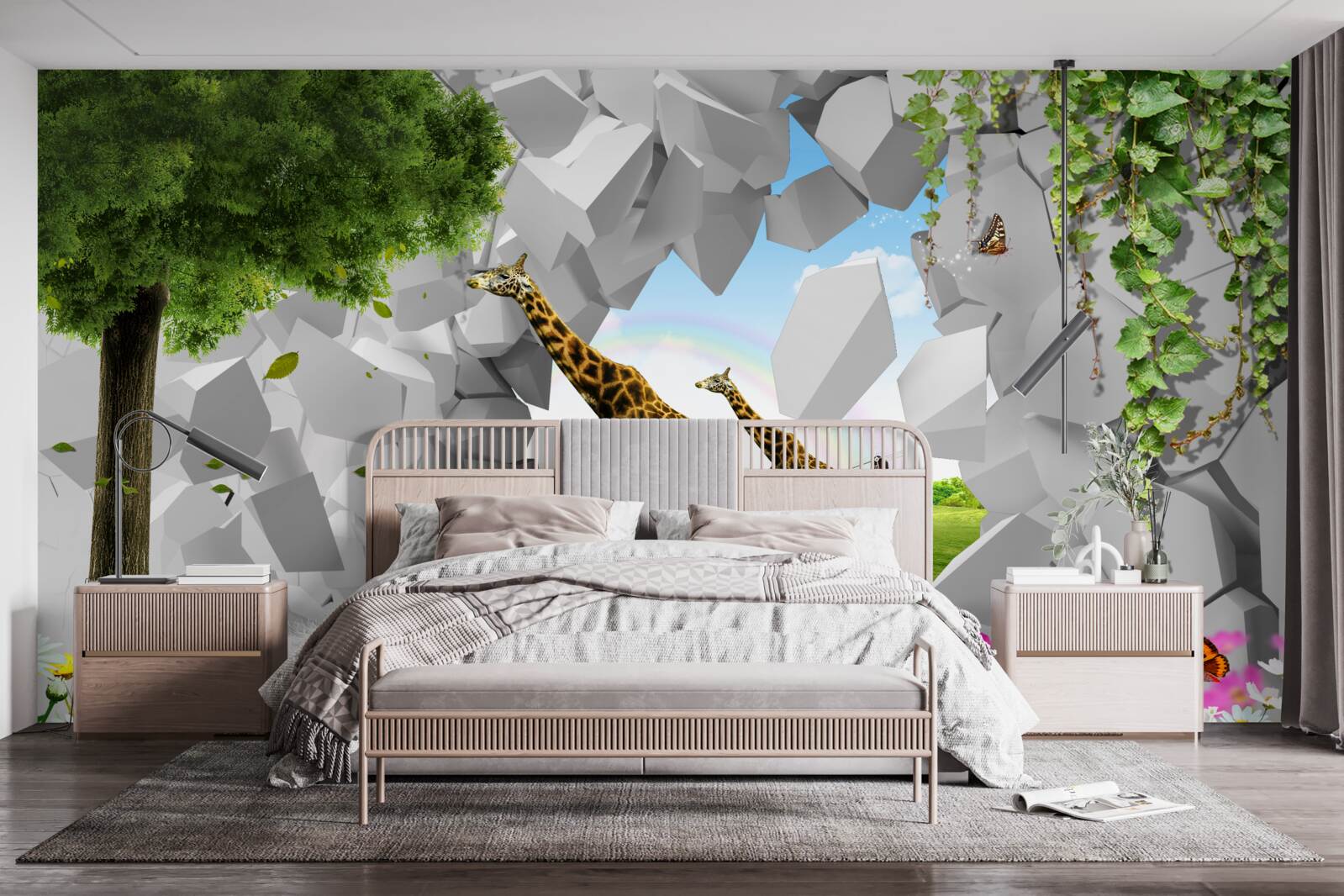 Fototapet în sălbăticie, girafele încearcă să ajungă la copaci