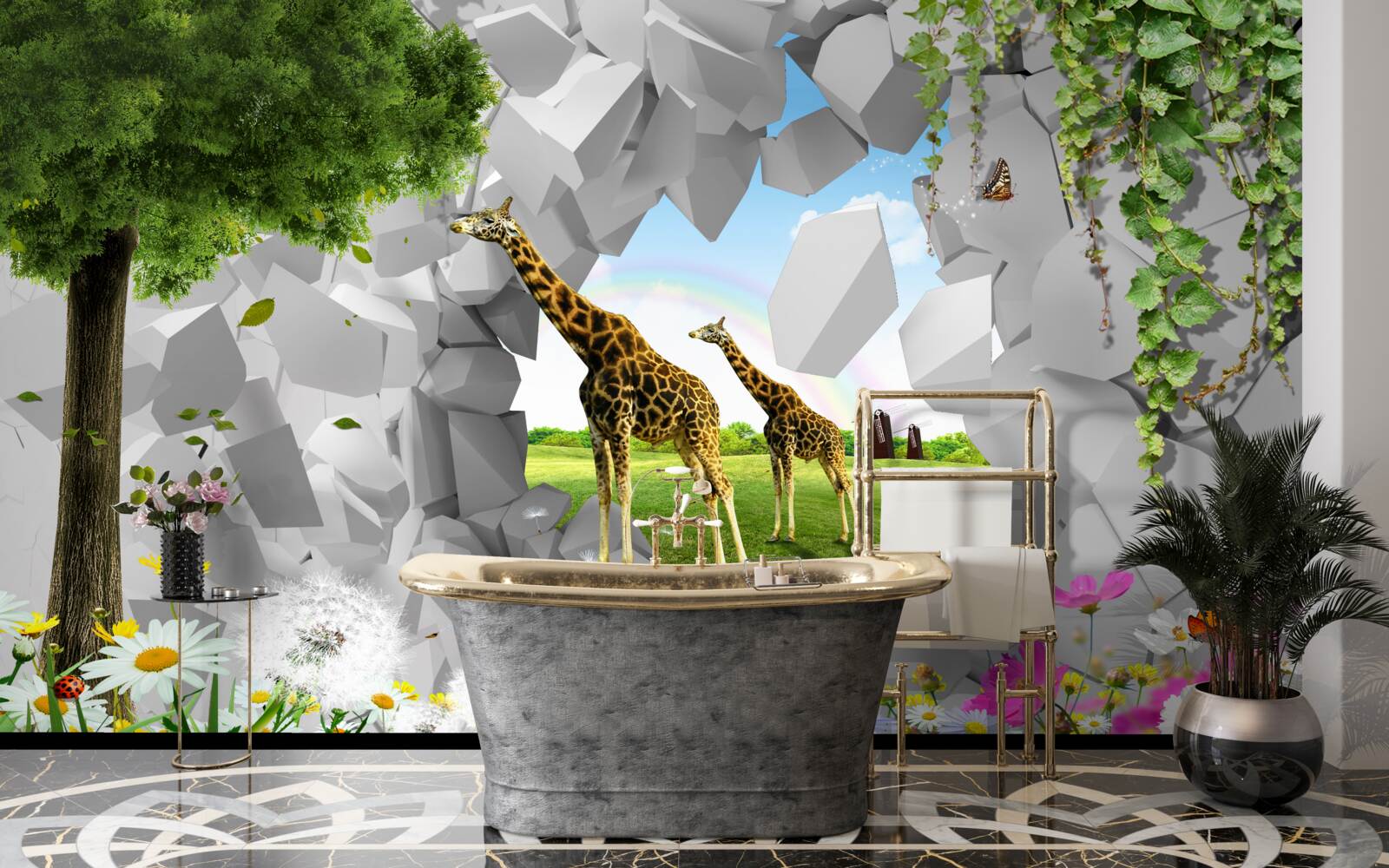 Fototapet în sălbăticie, girafele încearcă să ajungă la copaci