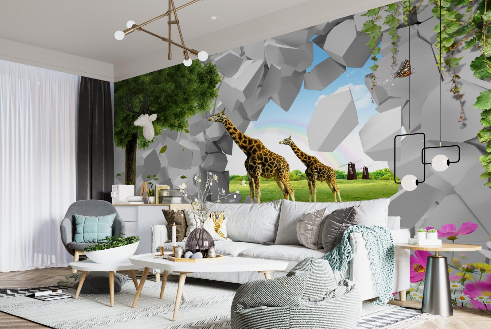 Fototapet în sălbăticie, girafele încearcă să ajungă la copaci