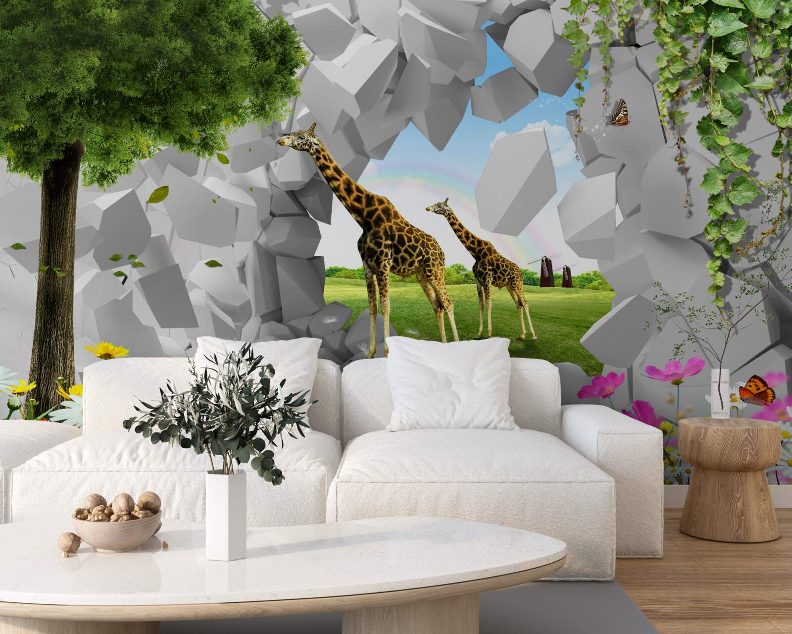 Fototapet în sălbăticie, girafele încearcă să ajungă la copaci