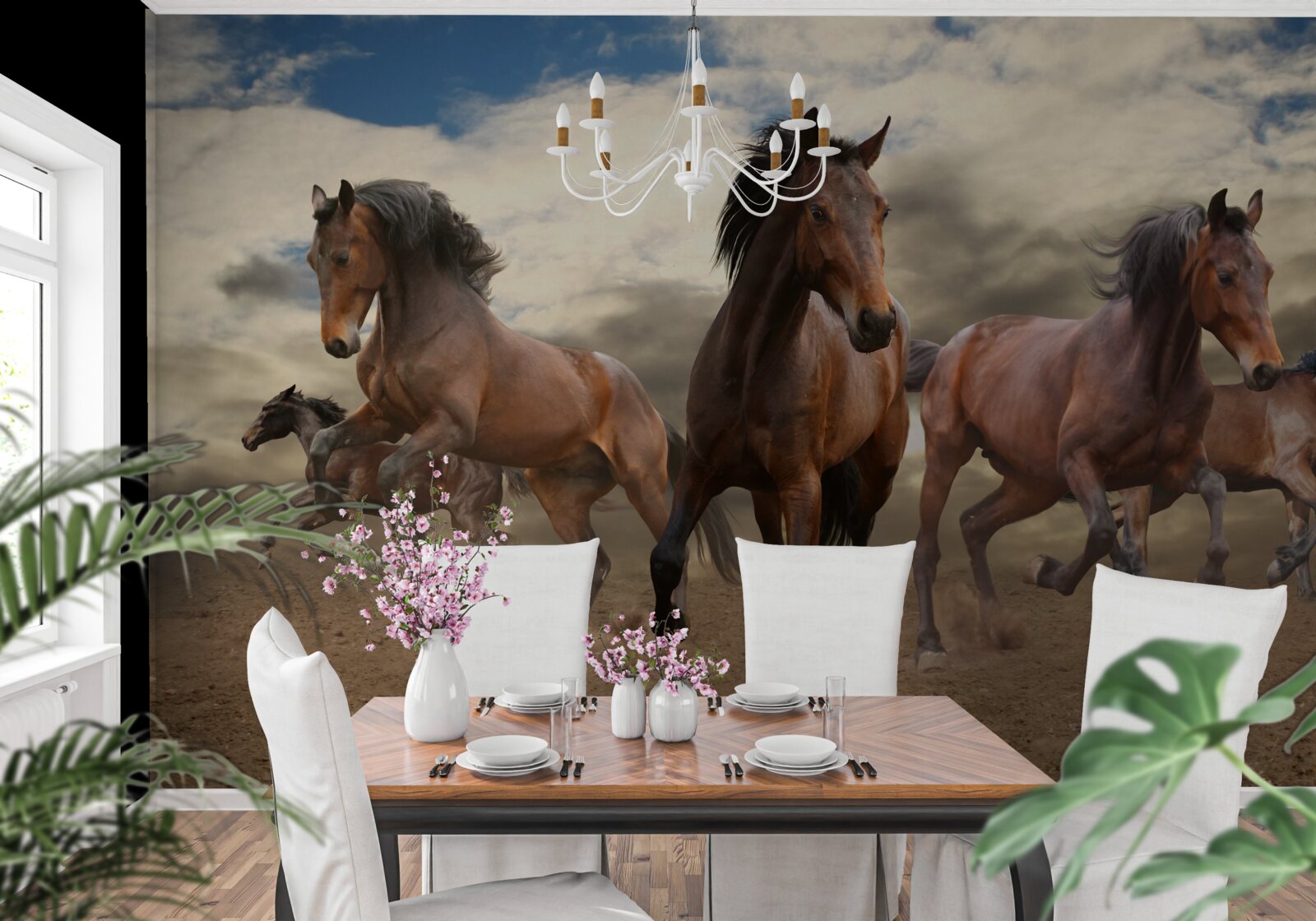 Fototapet un grup de cai maro care se grăbesc pe teren