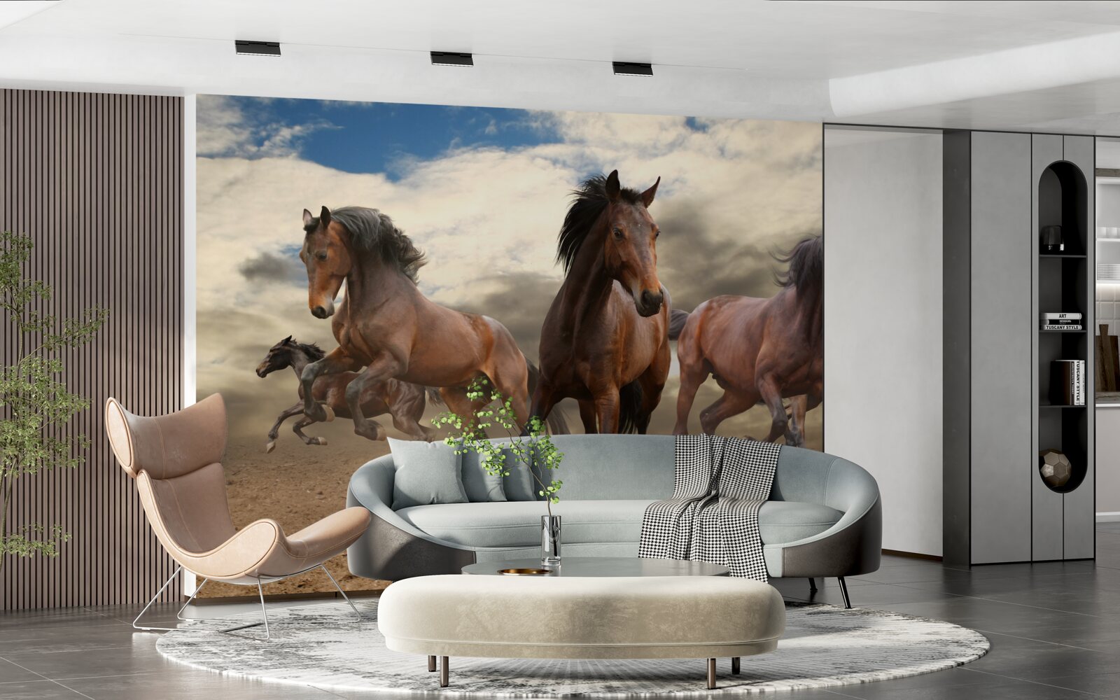 Fototapet un grup de cai maro care se grăbesc pe teren