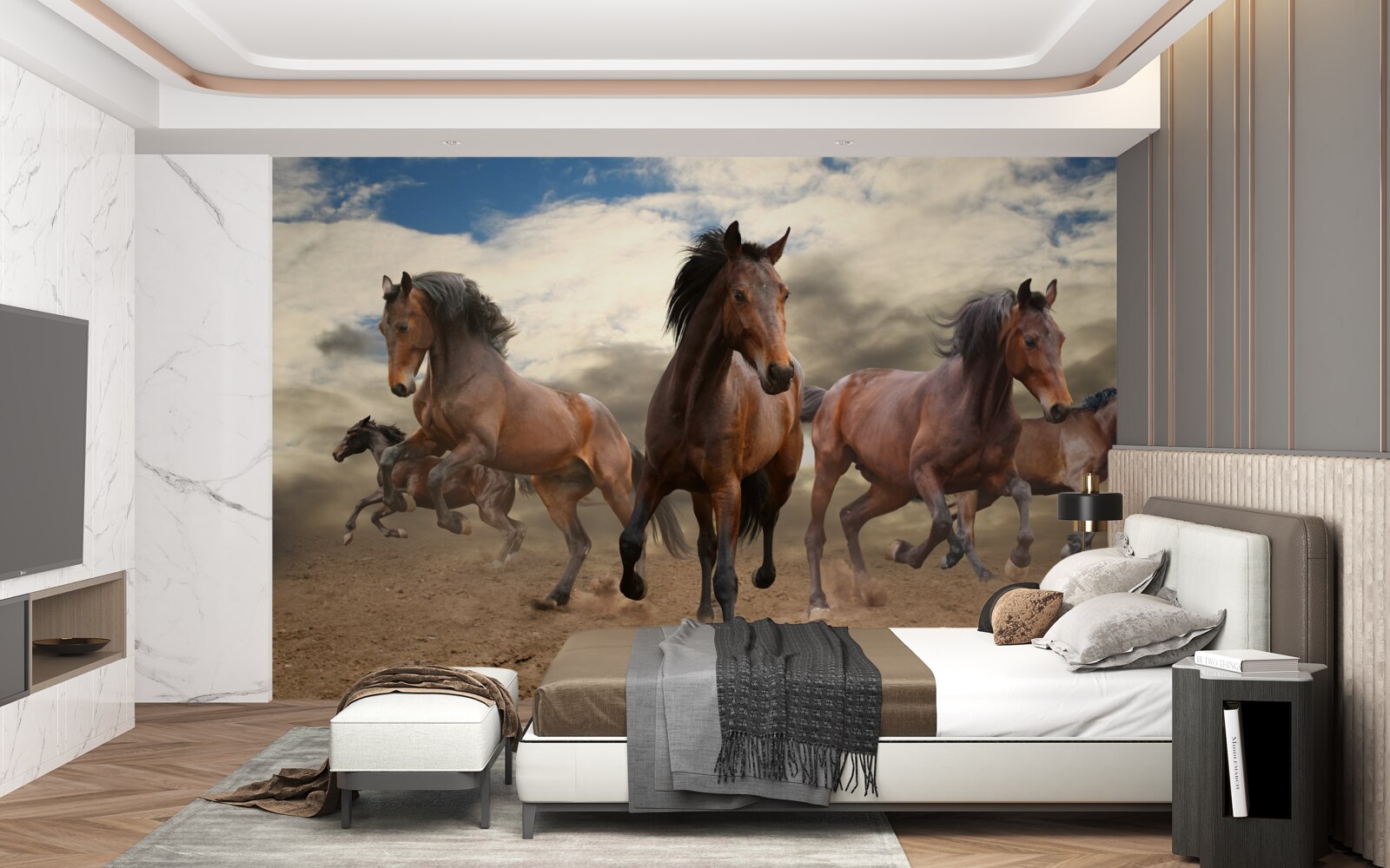 Fototapet un grup de cai maro care se grăbesc pe teren