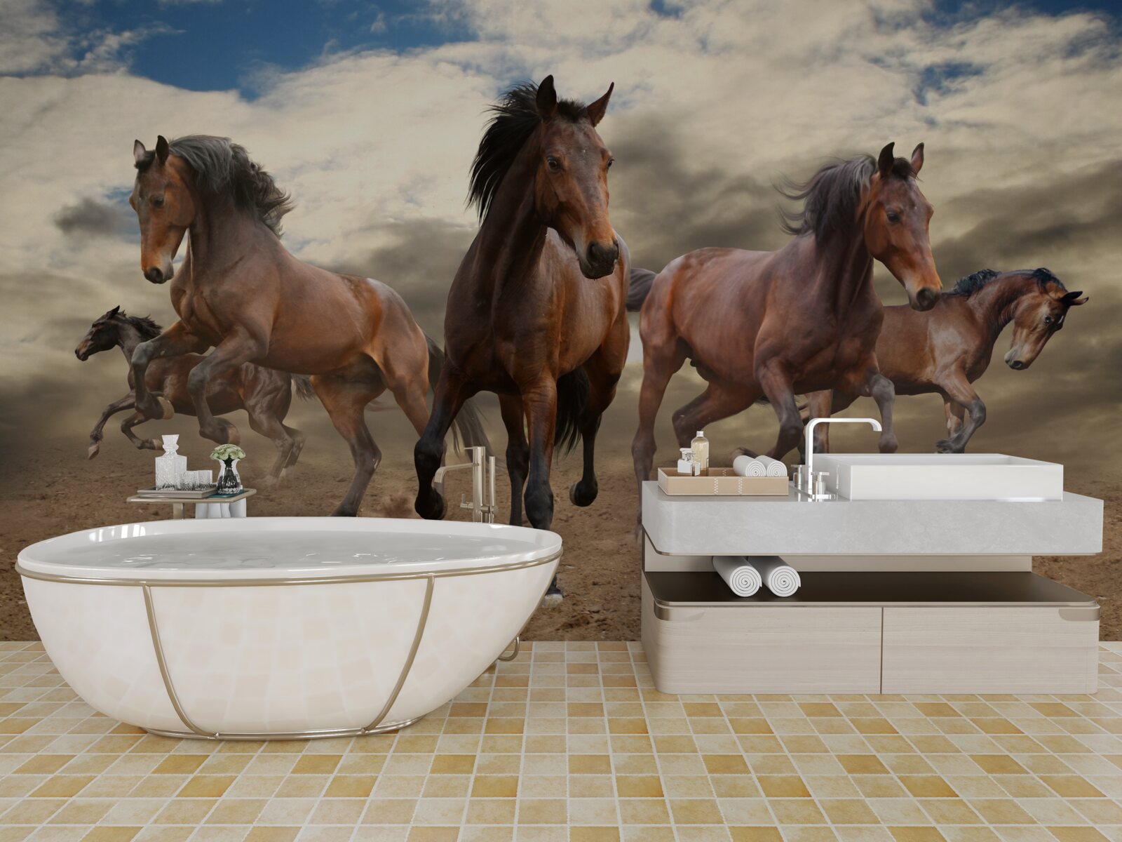 Fototapet un grup de cai maro care se grăbesc pe teren