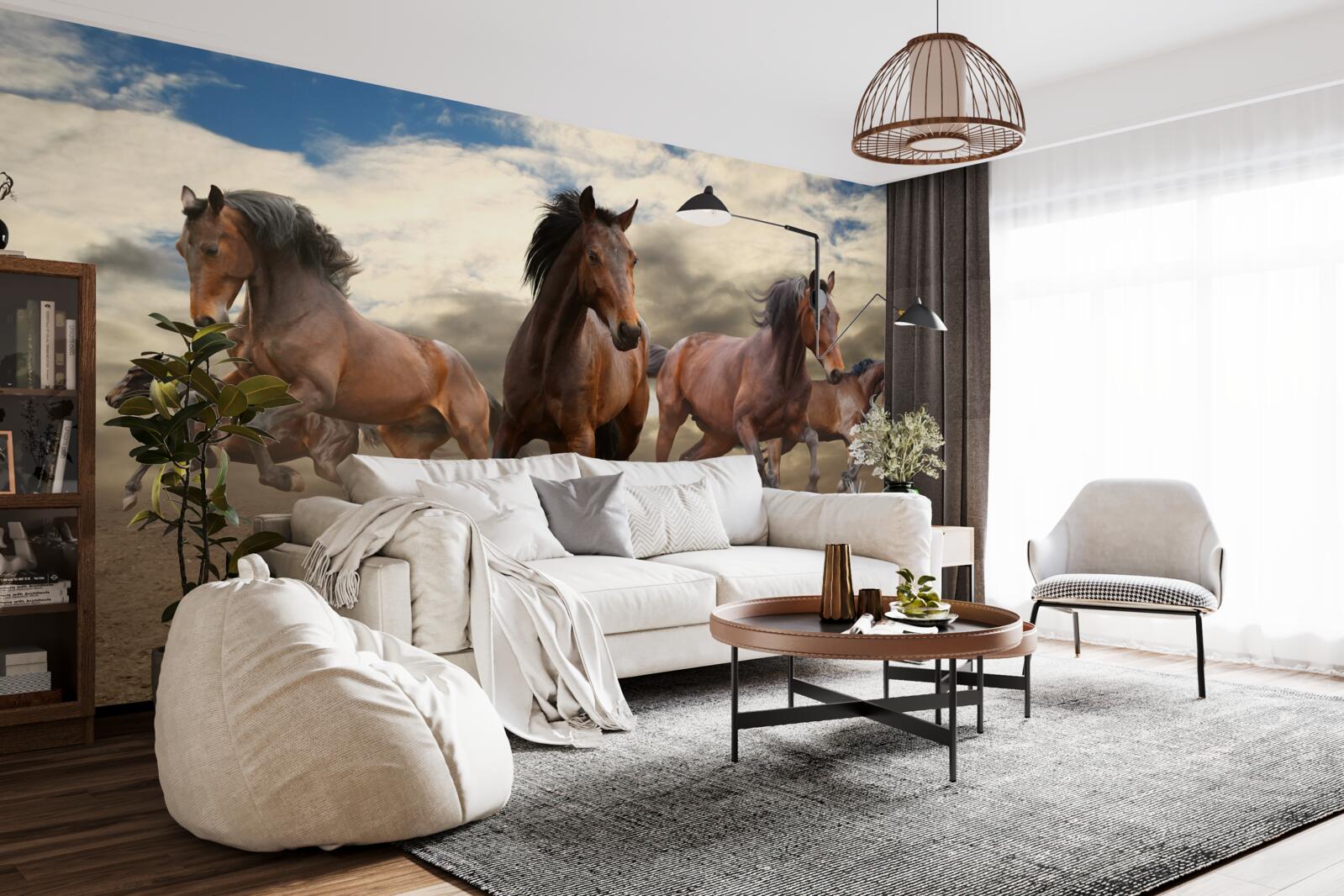 Fototapet un grup de cai maro care se grăbesc pe teren