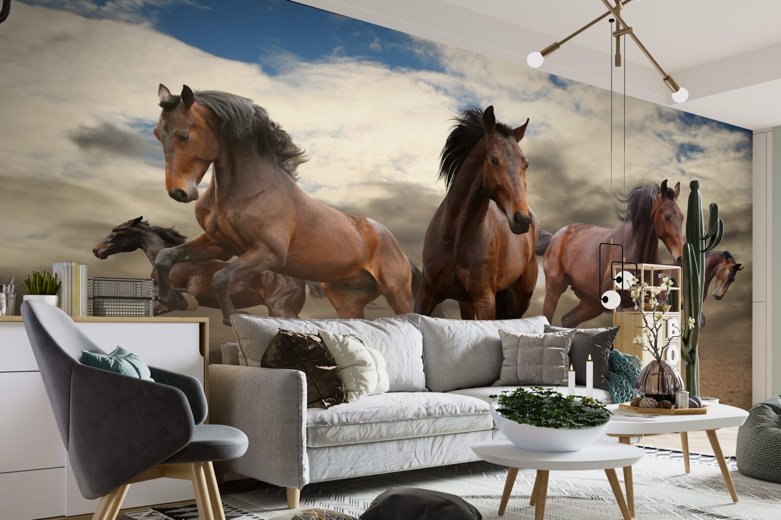 Fototapet un grup de cai maro care se grăbesc pe teren