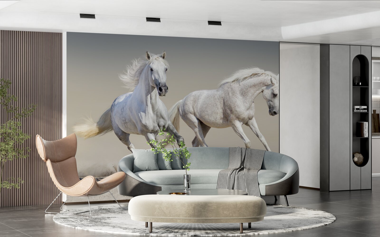 Fototapet doi armăsari ușori se întrec pe o suprafață nisipoasă