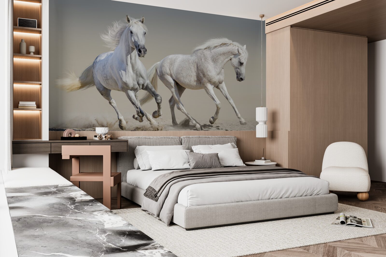 Fototapet doi armăsari ușori se întrec pe o suprafață nisipoasă