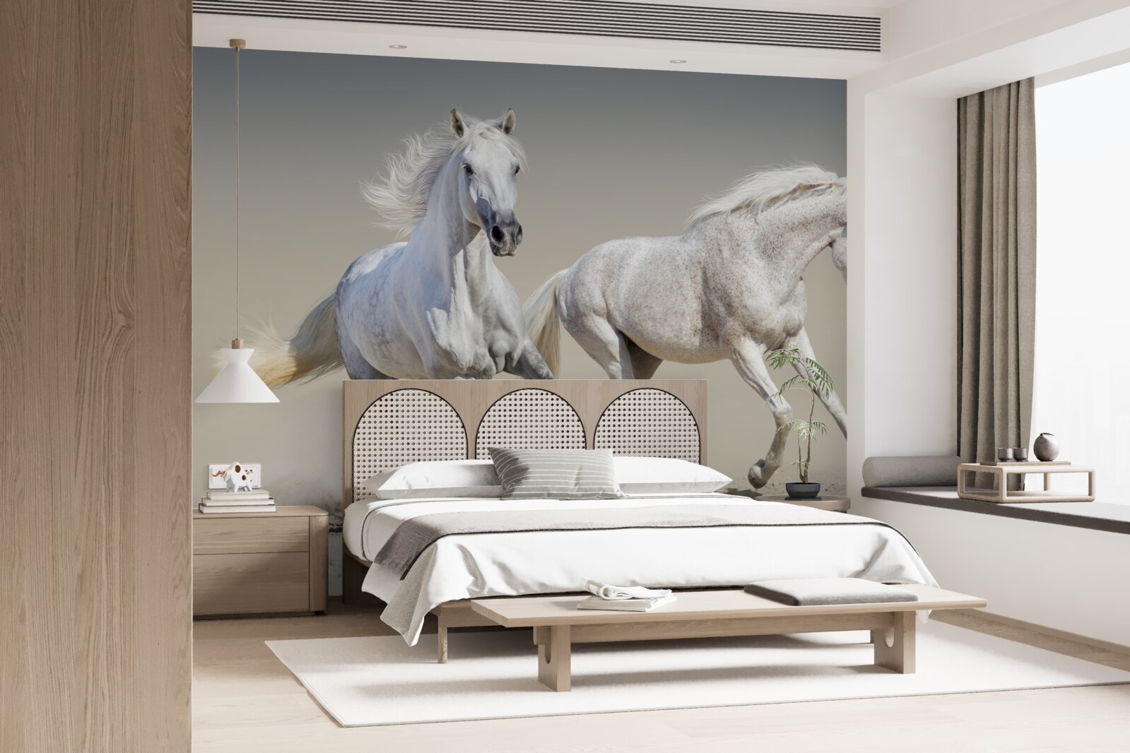 Fototapet doi armăsari ușori se întrec pe o suprafață nisipoasă