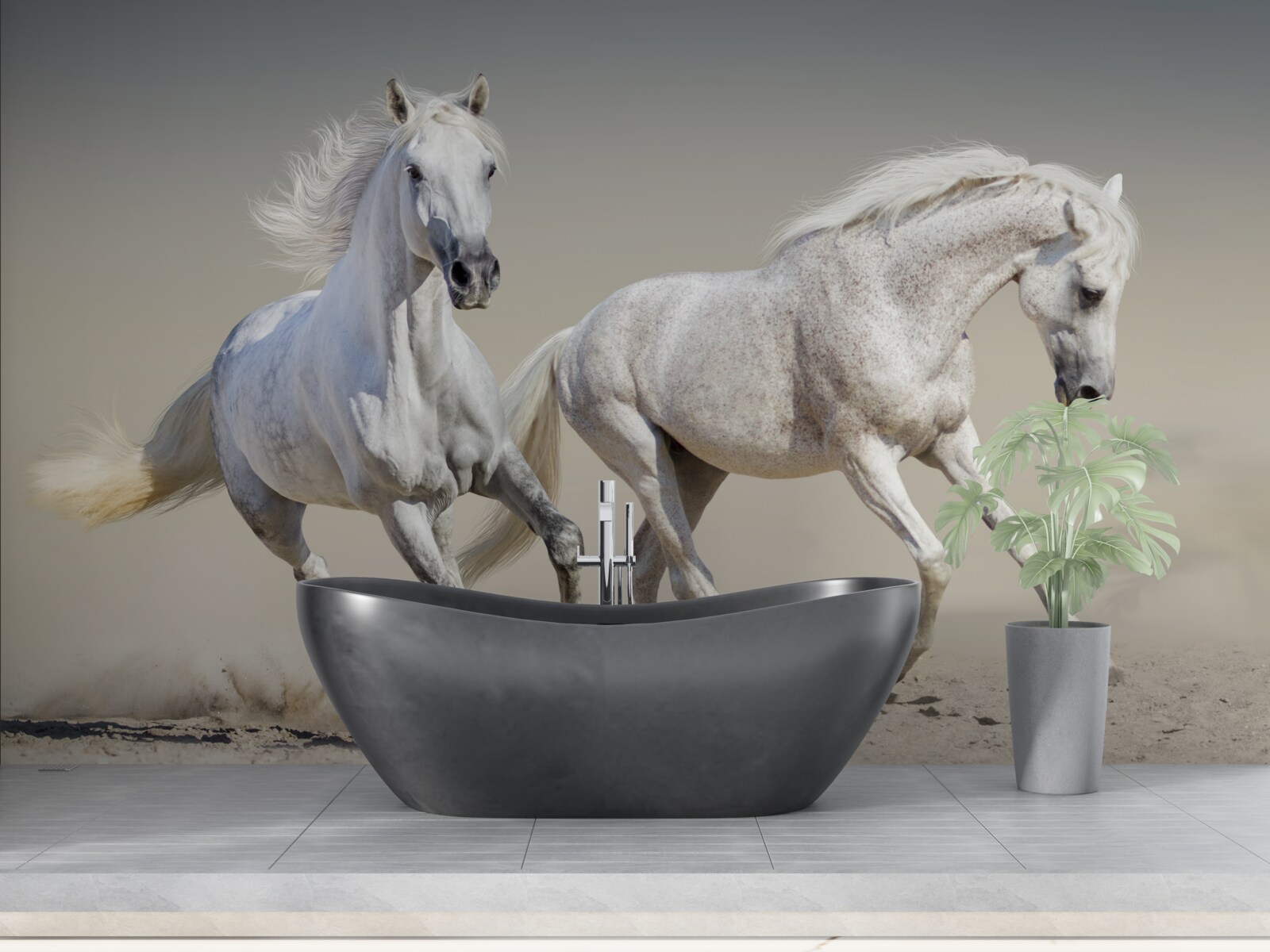 Fototapet doi armăsari ușori se întrec pe o suprafață nisipoasă