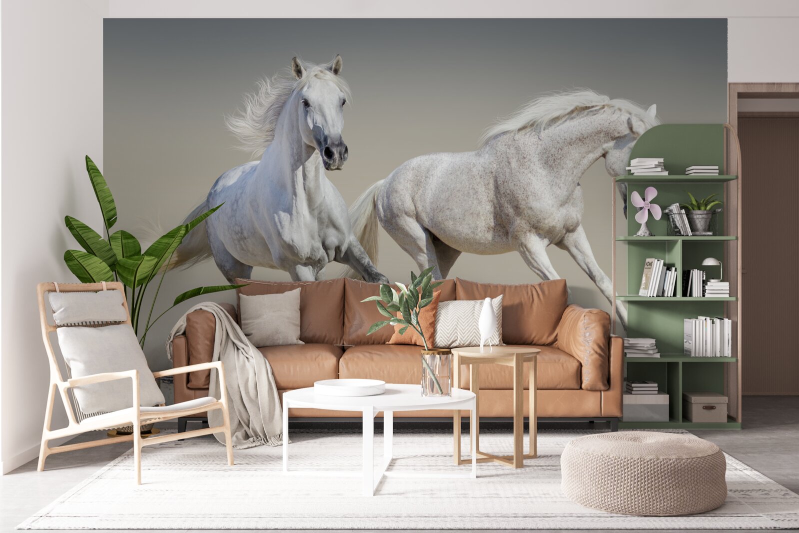 Fototapet doi armăsari ușori se întrec pe o suprafață nisipoasă