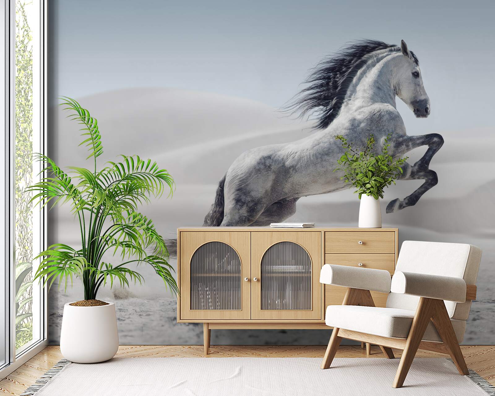 Fototapet un cal puternic care galopează prin deșert