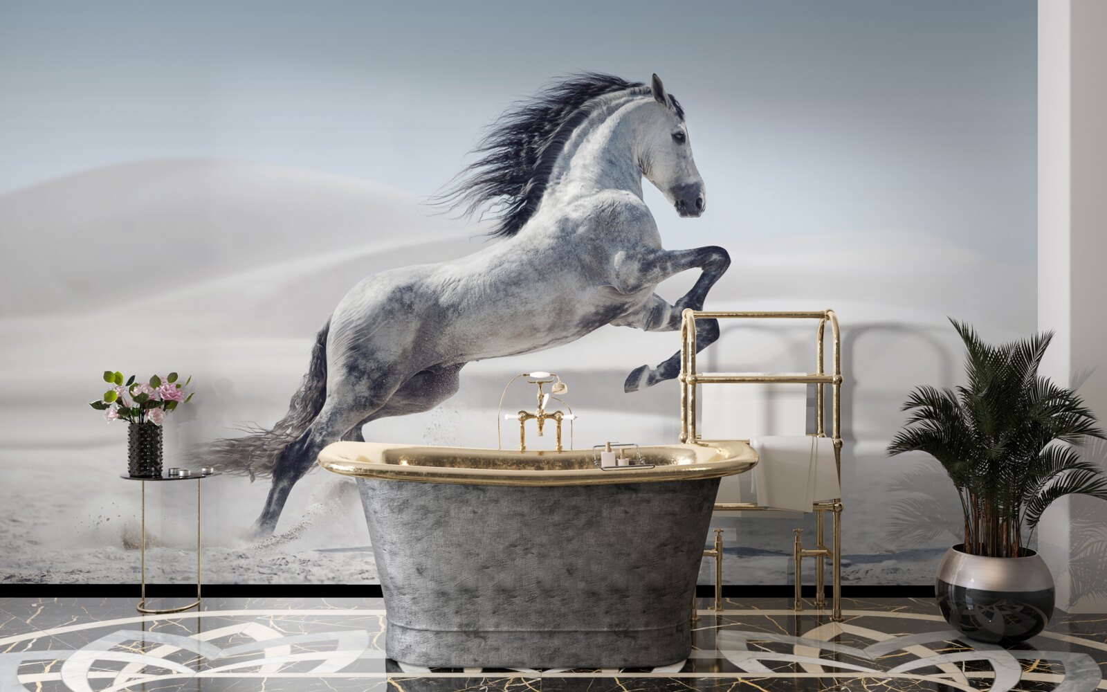 Fototapet un cal puternic care galopează prin deșert