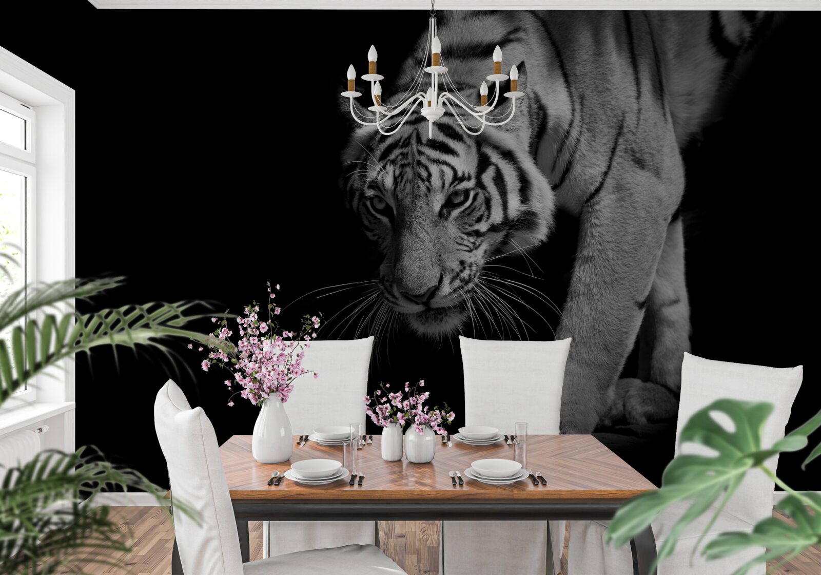 Fototapet tigru târându-se pe fundalul întunericului