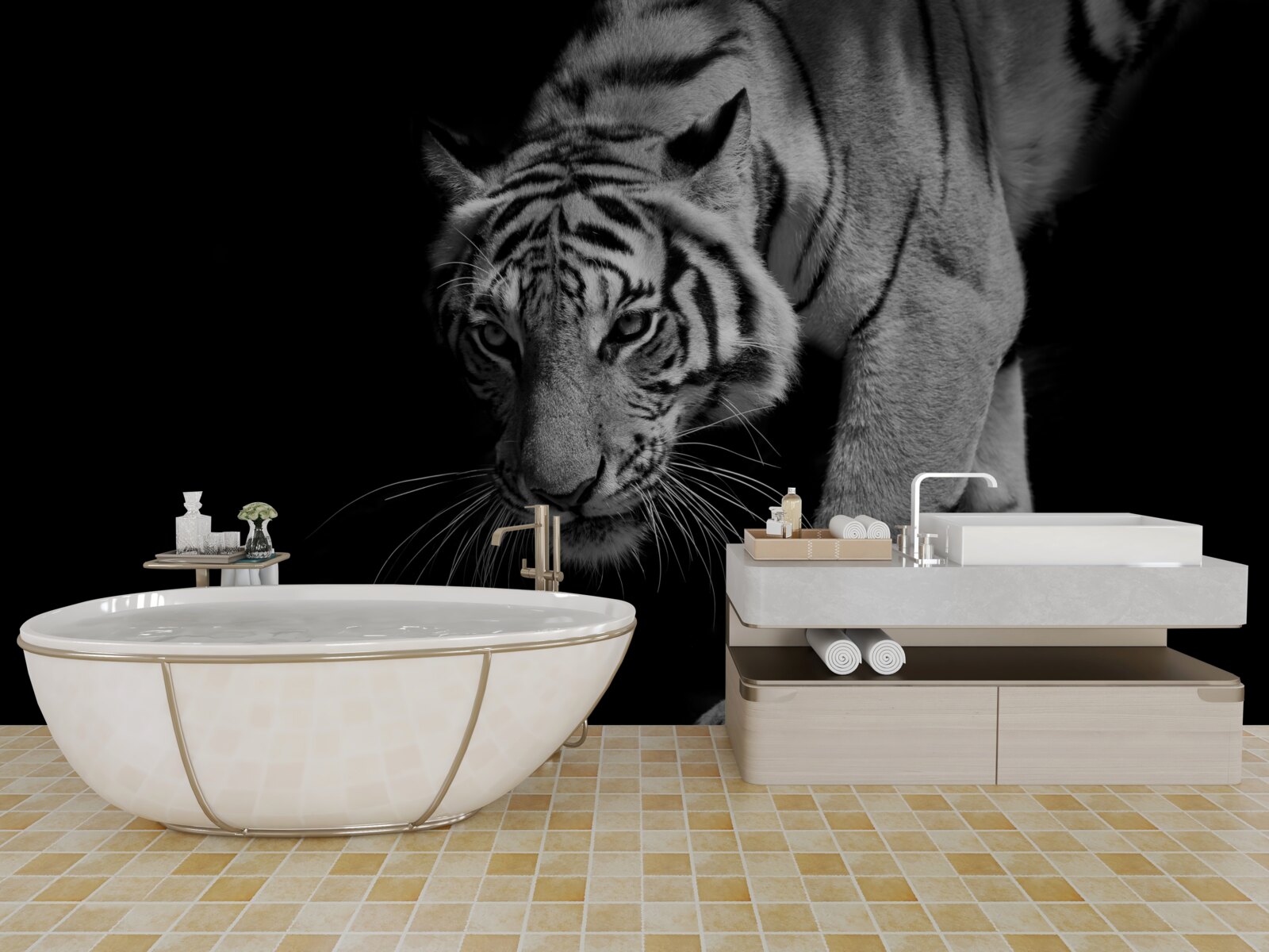 Fototapet tigru târându-se pe fundalul întunericului