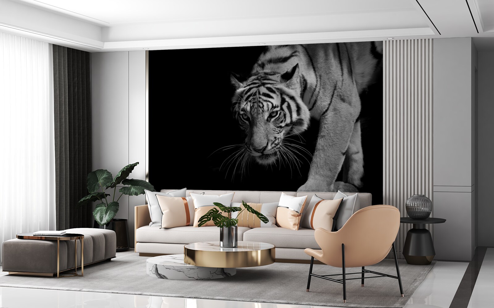 Fototapet tigru târându-se pe fundalul întunericului