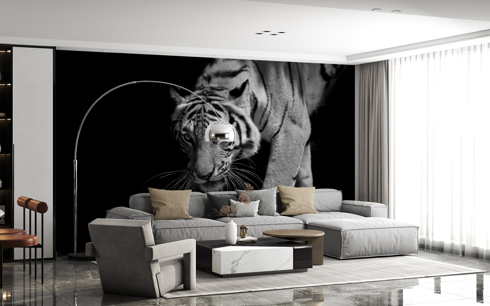 Fototapet tigru târându-se pe fundalul întunericului