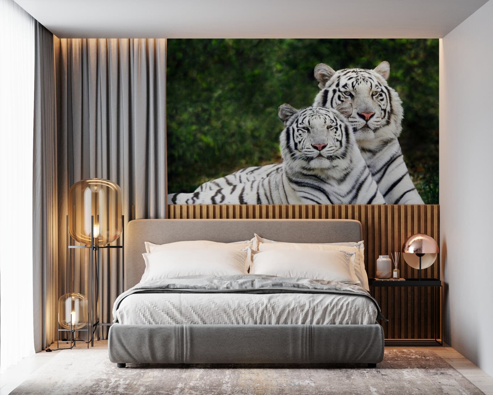 Fototapet în pădure trăiesc doi tigri albi, căsătoriți cu