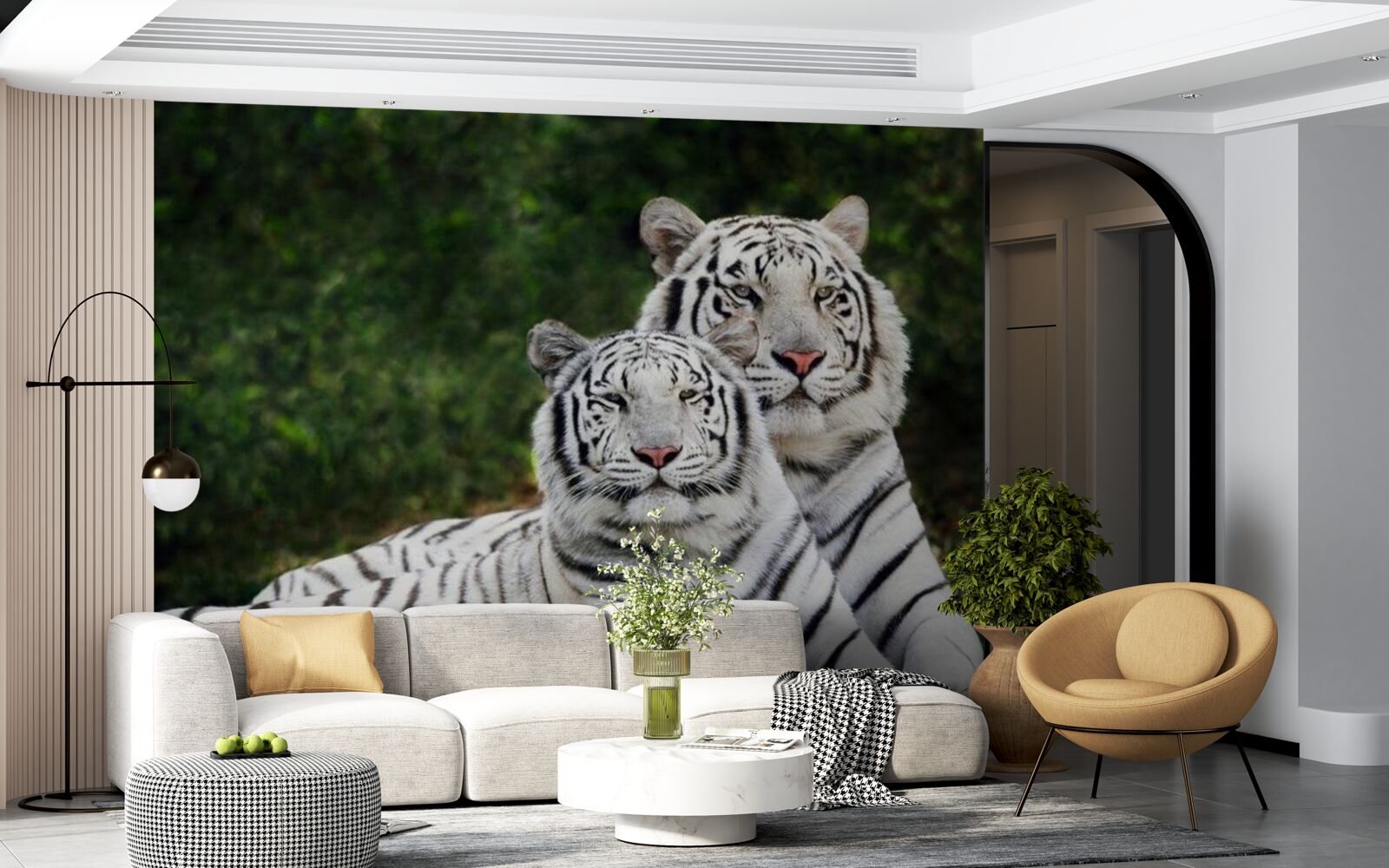 Fototapet în pădure trăiesc doi tigri albi, căsătoriți cu