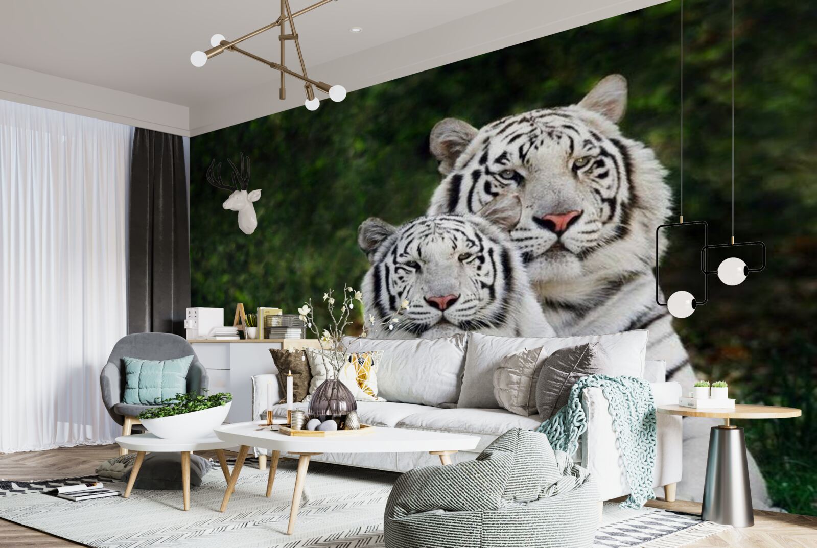 Fototapet în pădure trăiesc doi tigri albi, căsătoriți cu