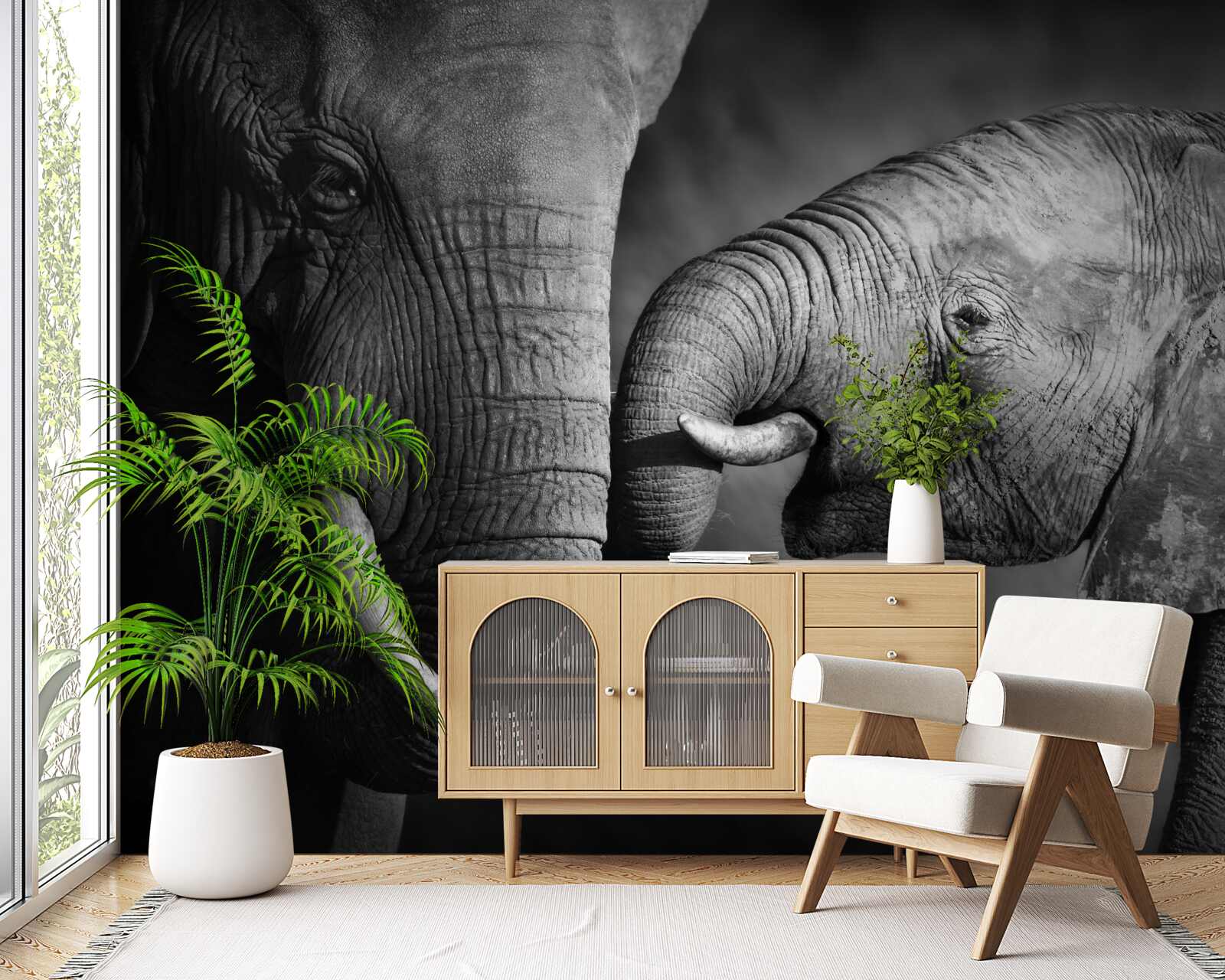 Fototapet puiul de elefant și mama sunt albi și negri