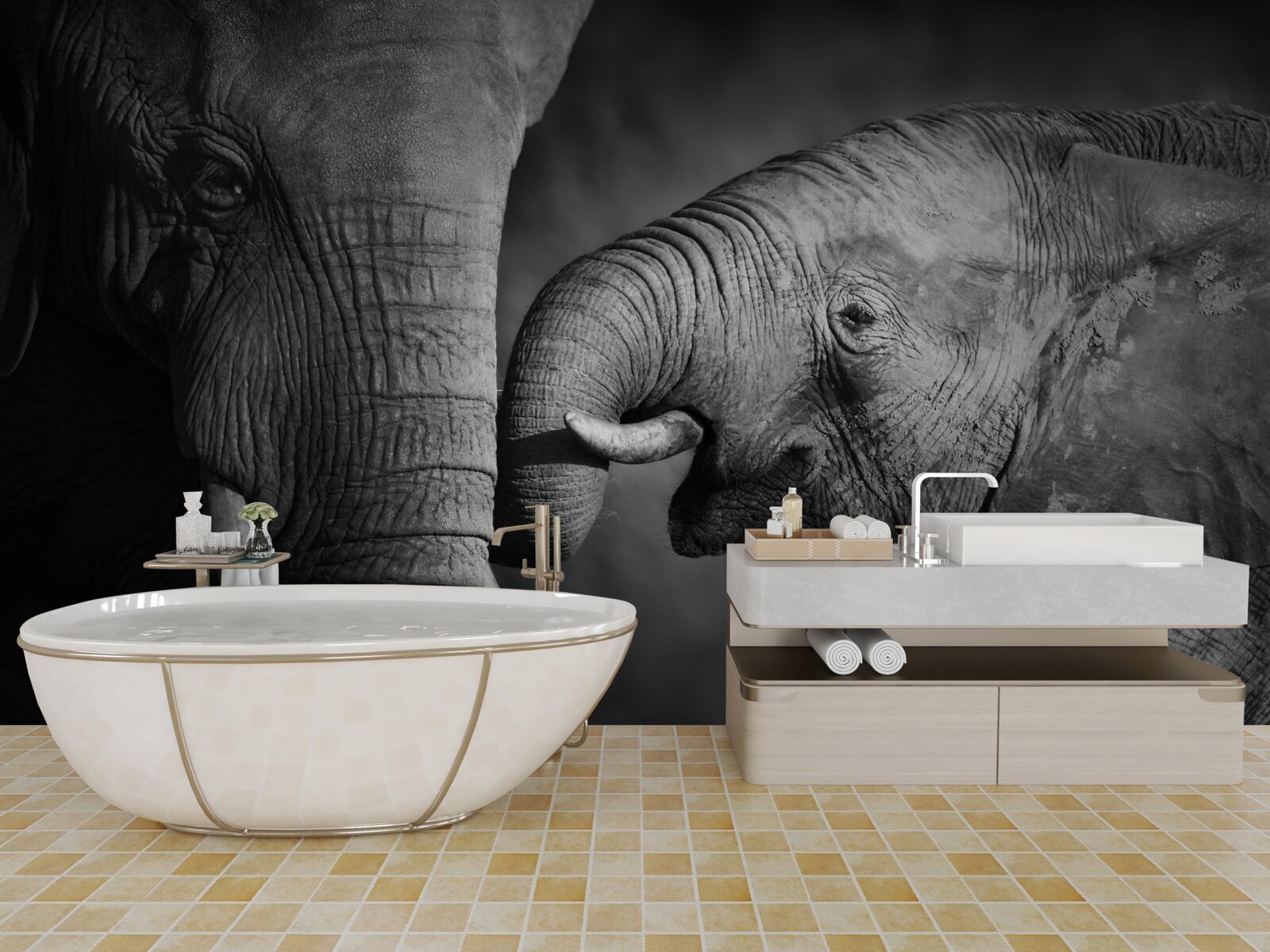 Fototapet puiul de elefant și mama sunt albi și negri