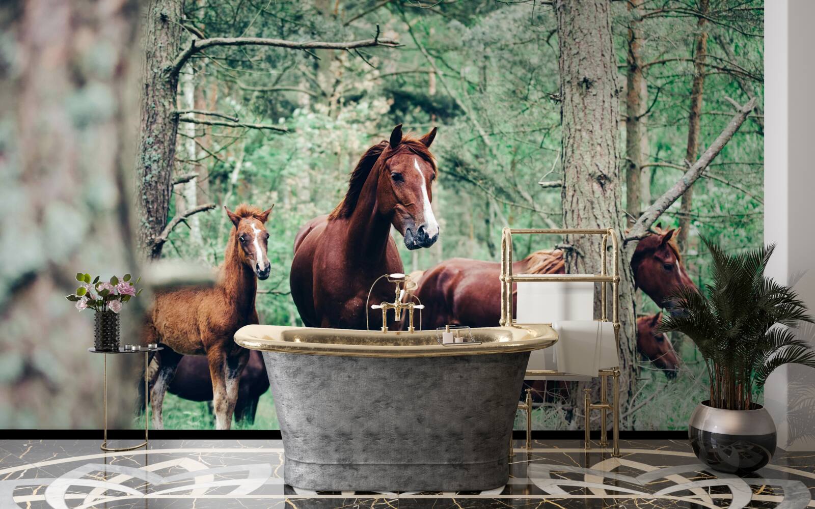 Fototapet cai plimbare în pădure în primăvară