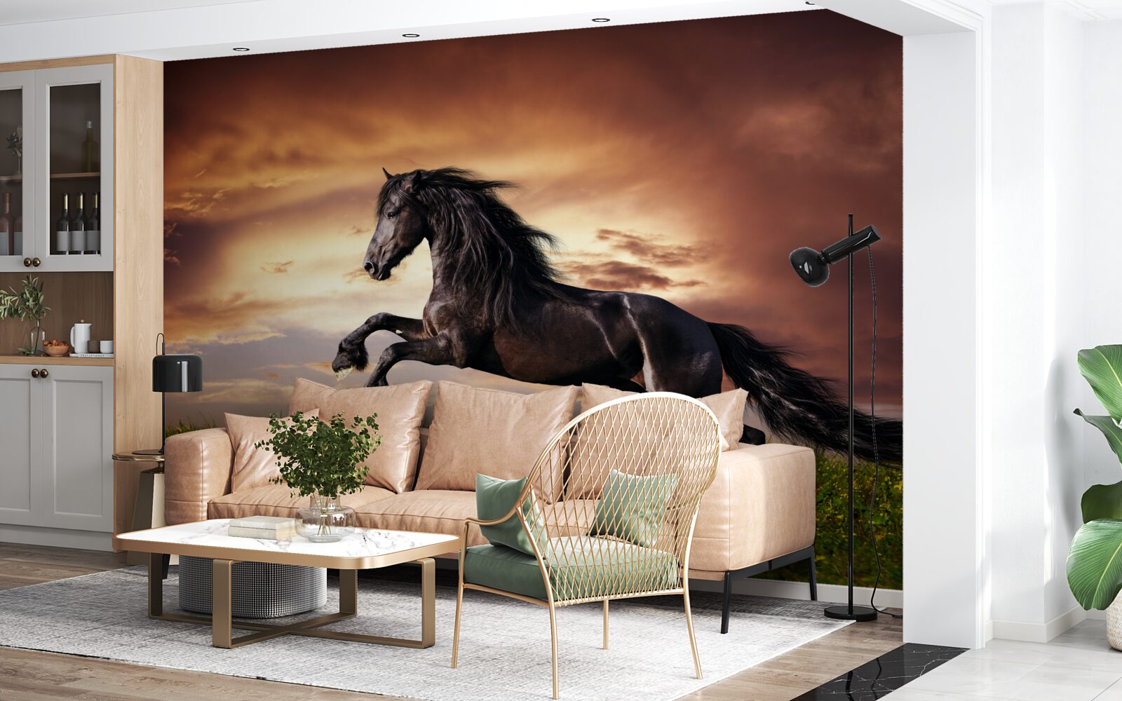 Fototapet cal puternic sărind pe iarbă verde