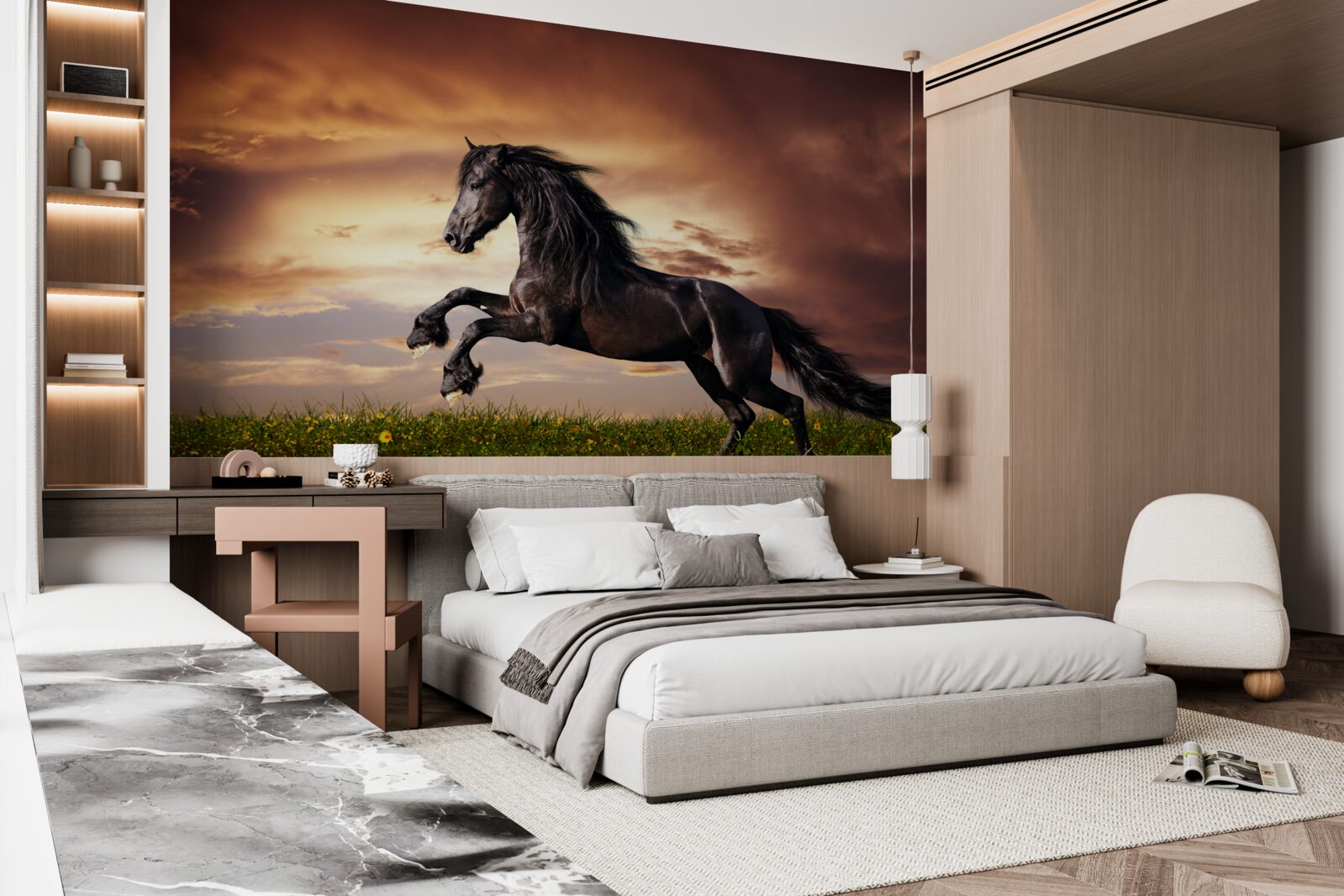 Fototapet cal puternic sărind pe iarbă verde