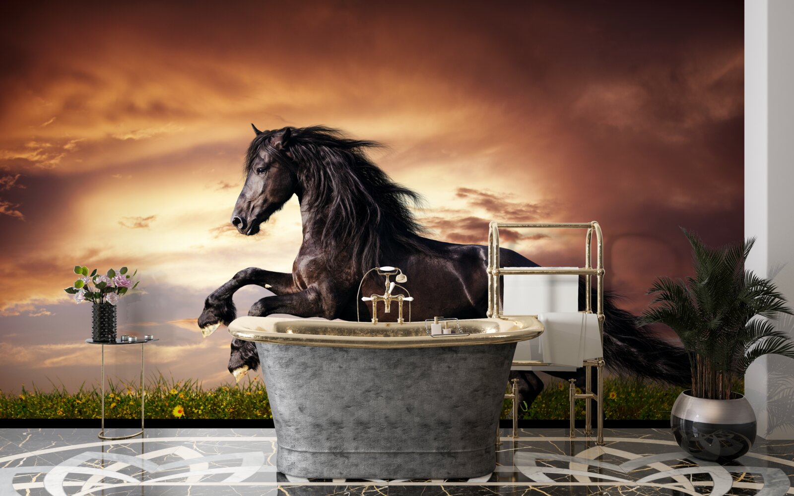 Fototapet cal puternic sărind pe iarbă verde