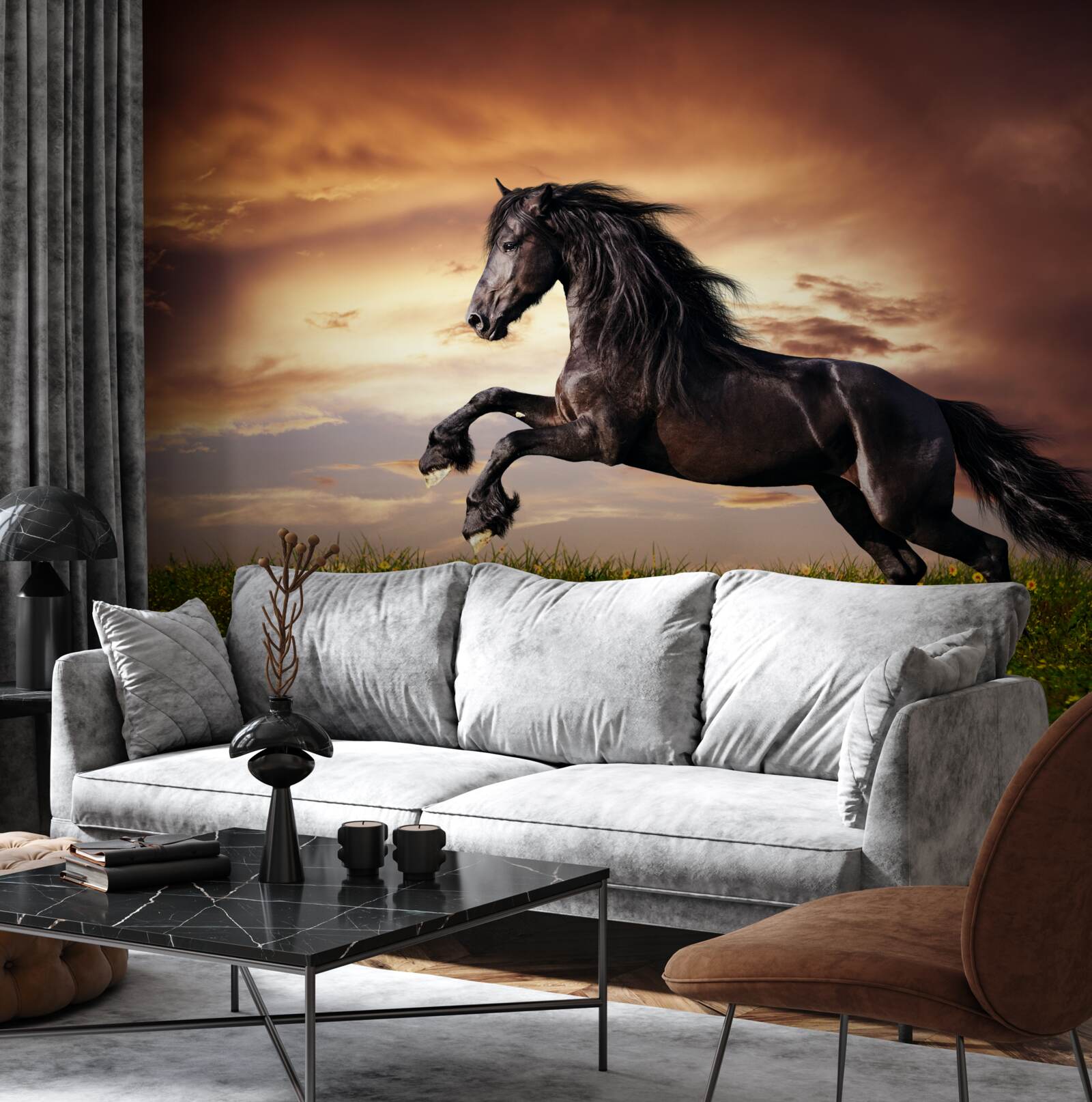 Fototapet cal puternic sărind pe iarbă verde