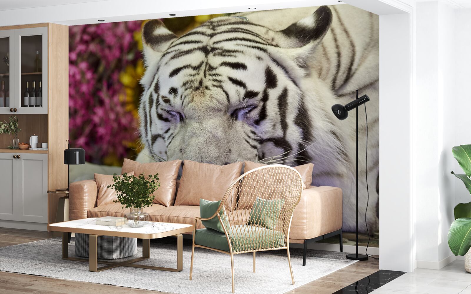 Fototapet un tigru alb se odihnește printre flori