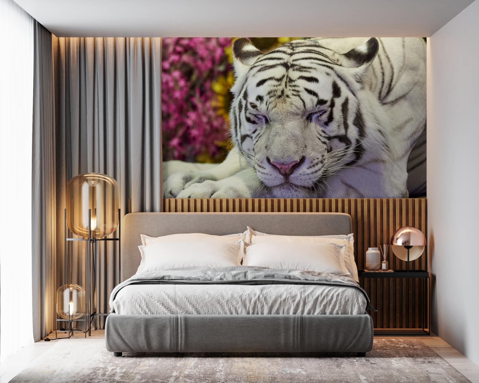 Fototapet un tigru alb se odihnește printre flori