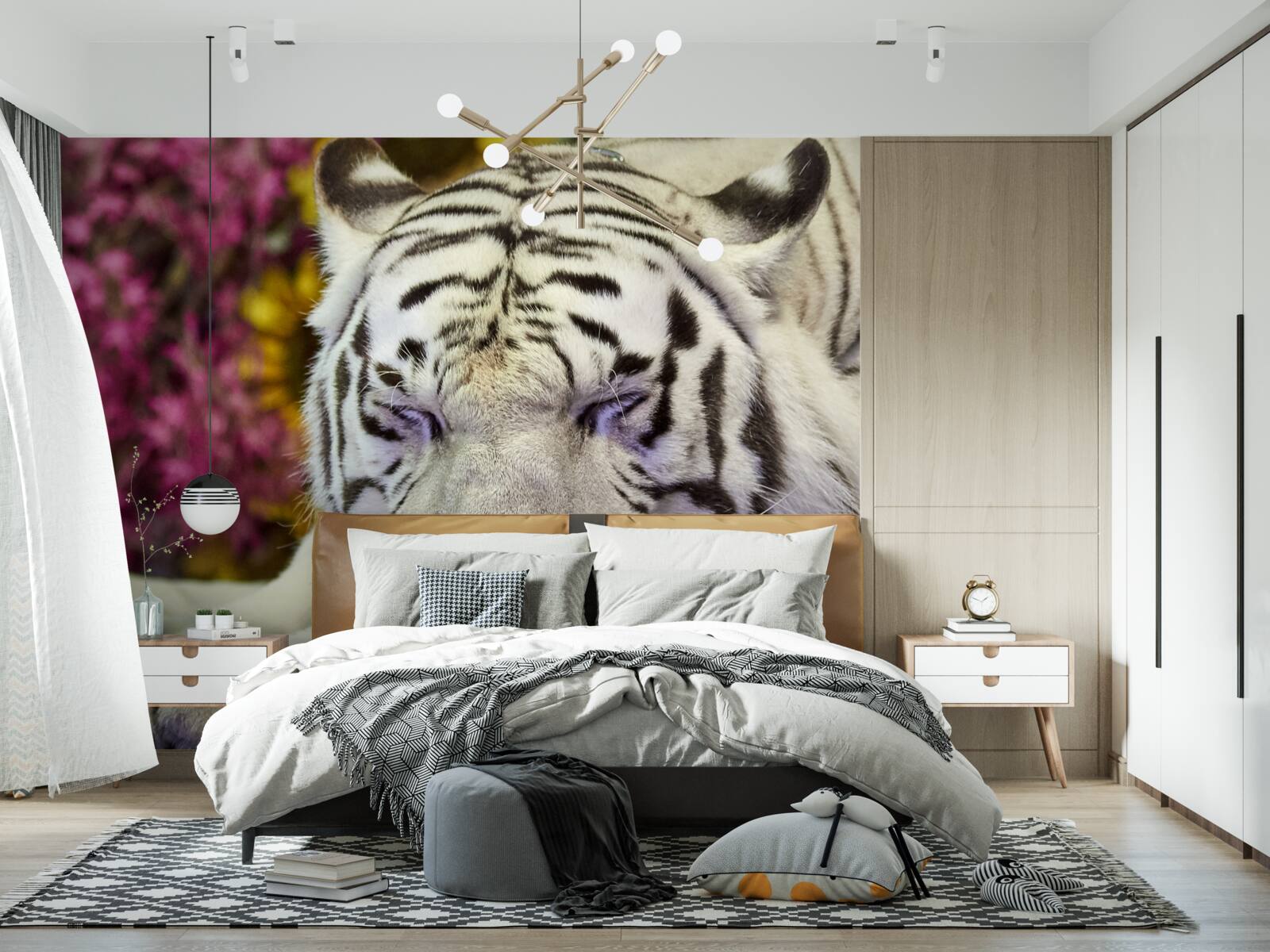 Fototapet un tigru alb se odihnește printre flori