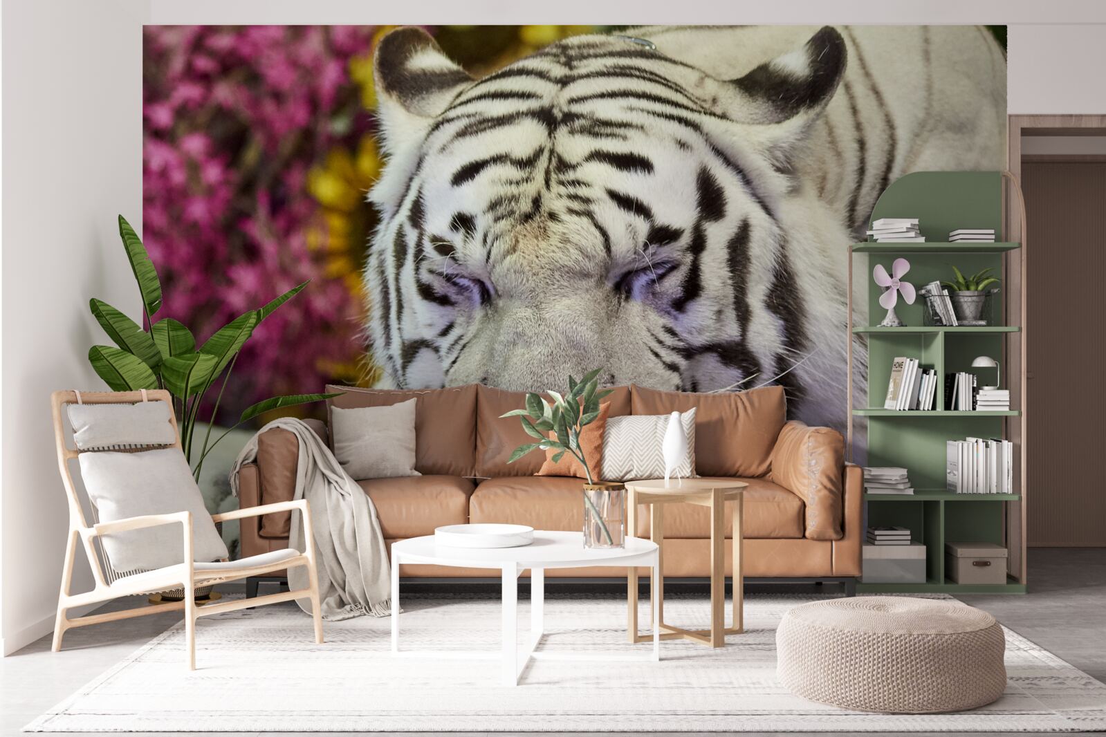 Fototapet un tigru alb se odihnește printre flori