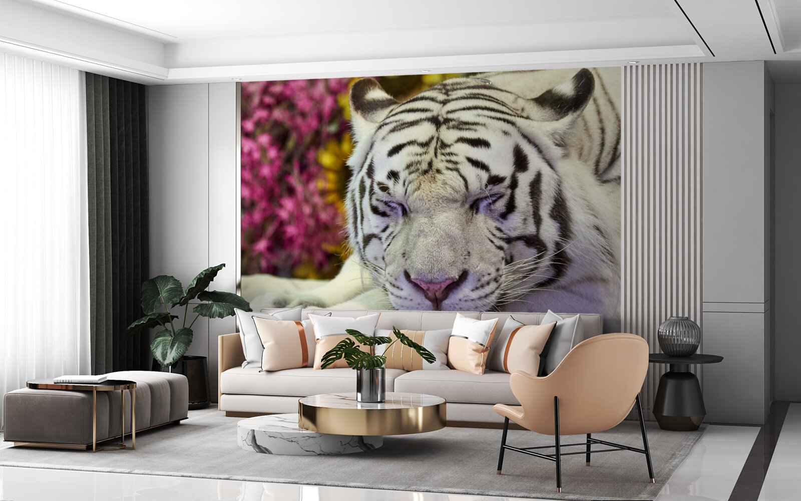 Fototapet un tigru alb se odihnește printre flori