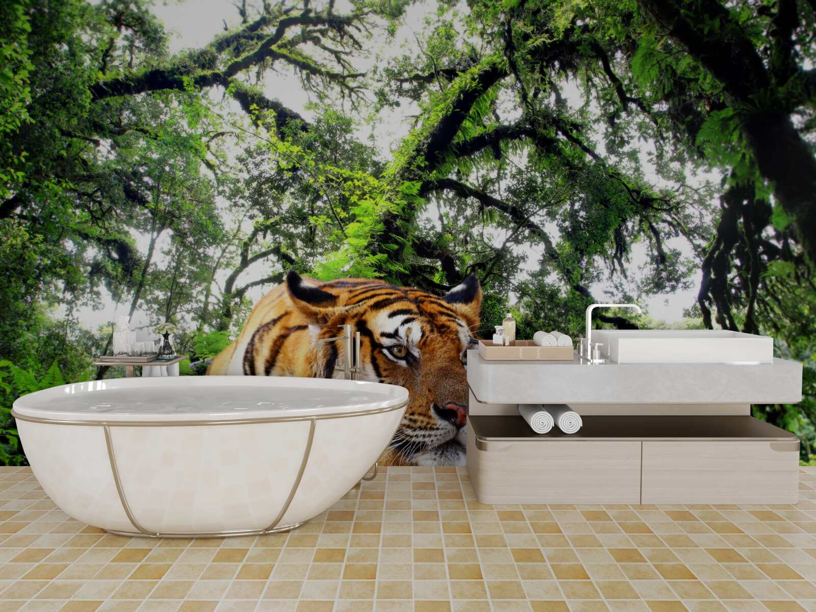 Fototapet tigrul se odihnește într-o junglă tropicală sălbatică