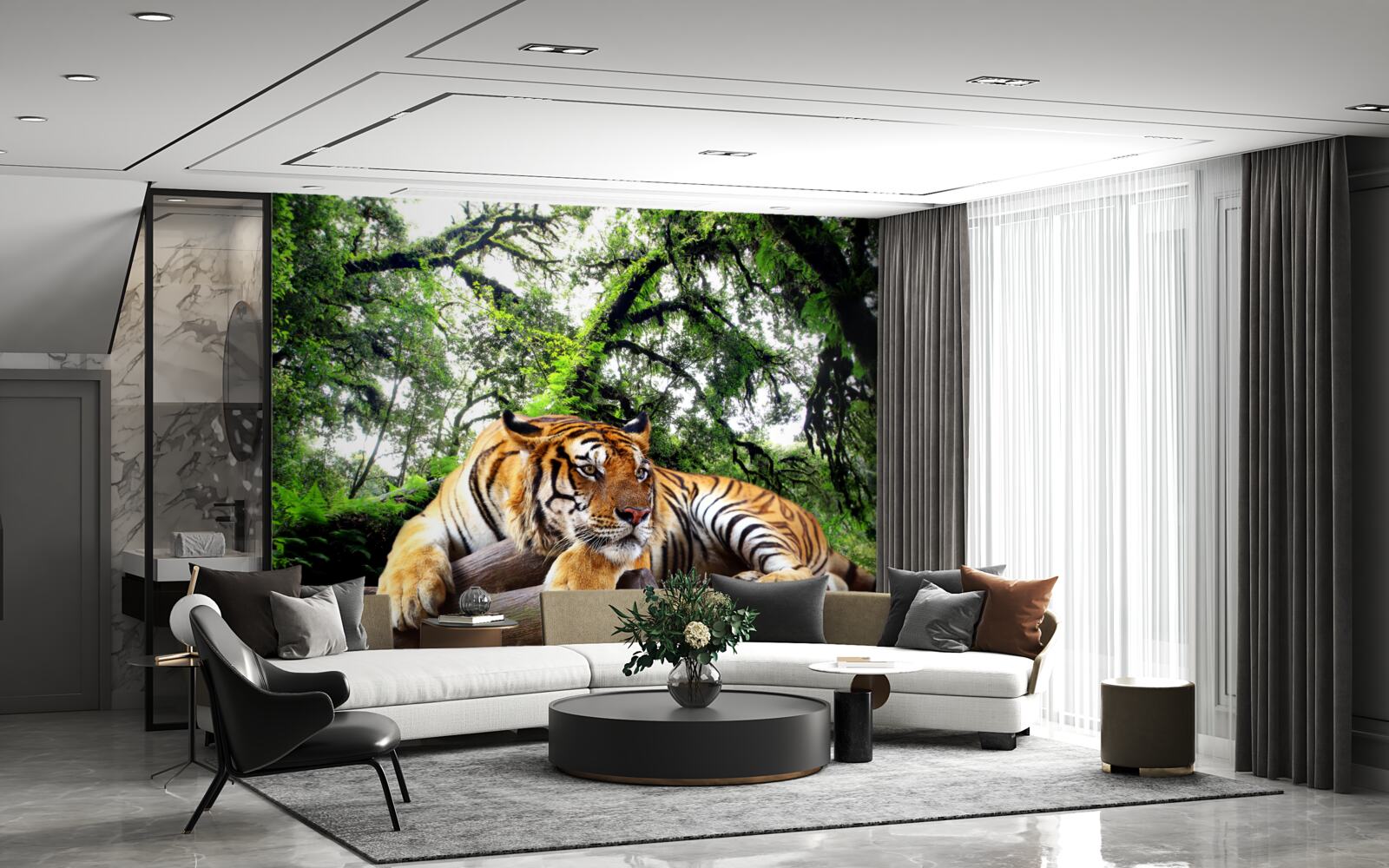 Fototapet tigrul se odihnește într-o junglă tropicală sălbatică