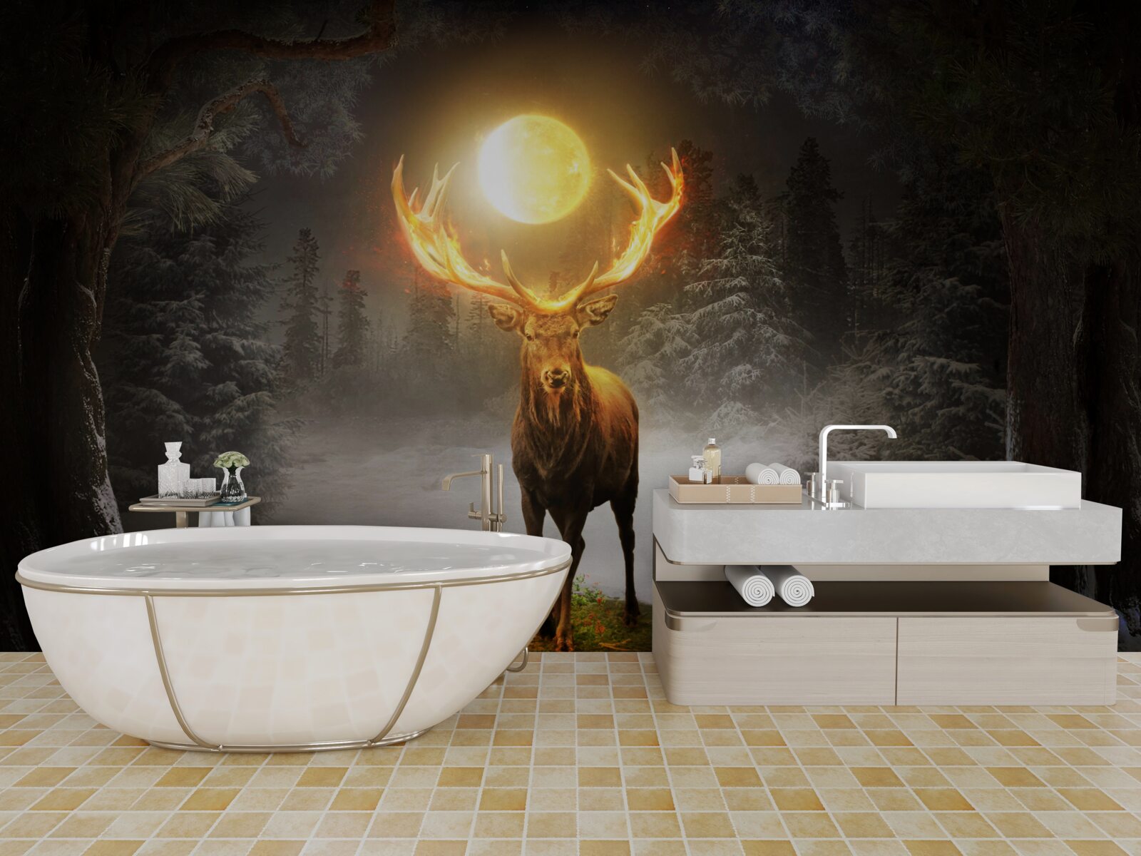 Fototapet cerb energic și tovarăș de pădure auriu