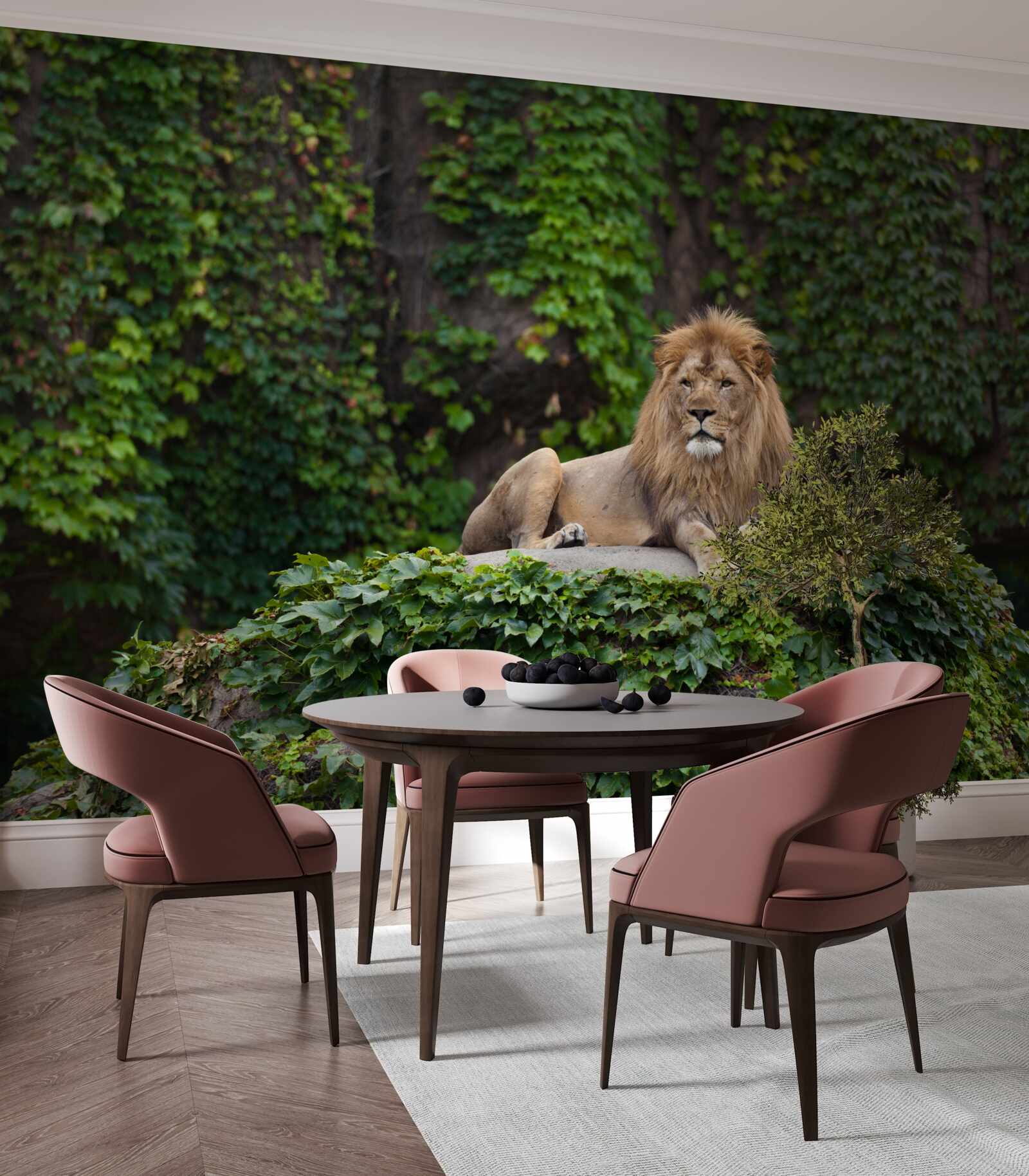 Fototapet un leu maiestuos se odihnește pe o piatră acoperită cu mușchi