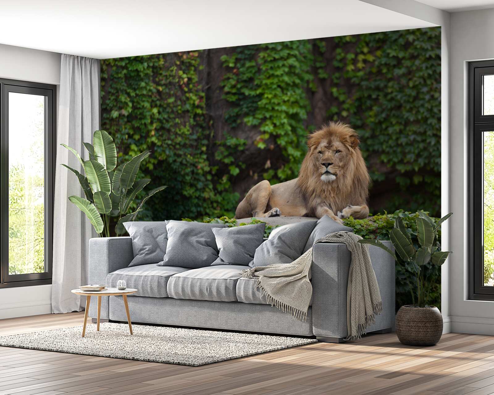 Fototapet un leu maiestuos se odihnește pe o piatră acoperită cu mușchi