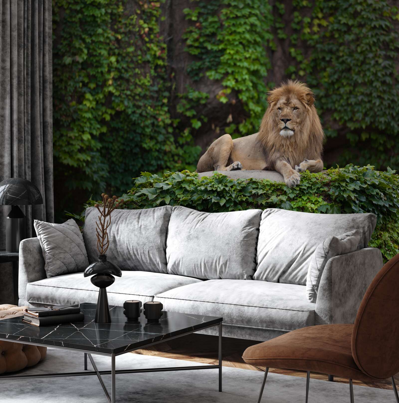 Fototapet un leu maiestuos se odihnește pe o piatră acoperită cu mușchi