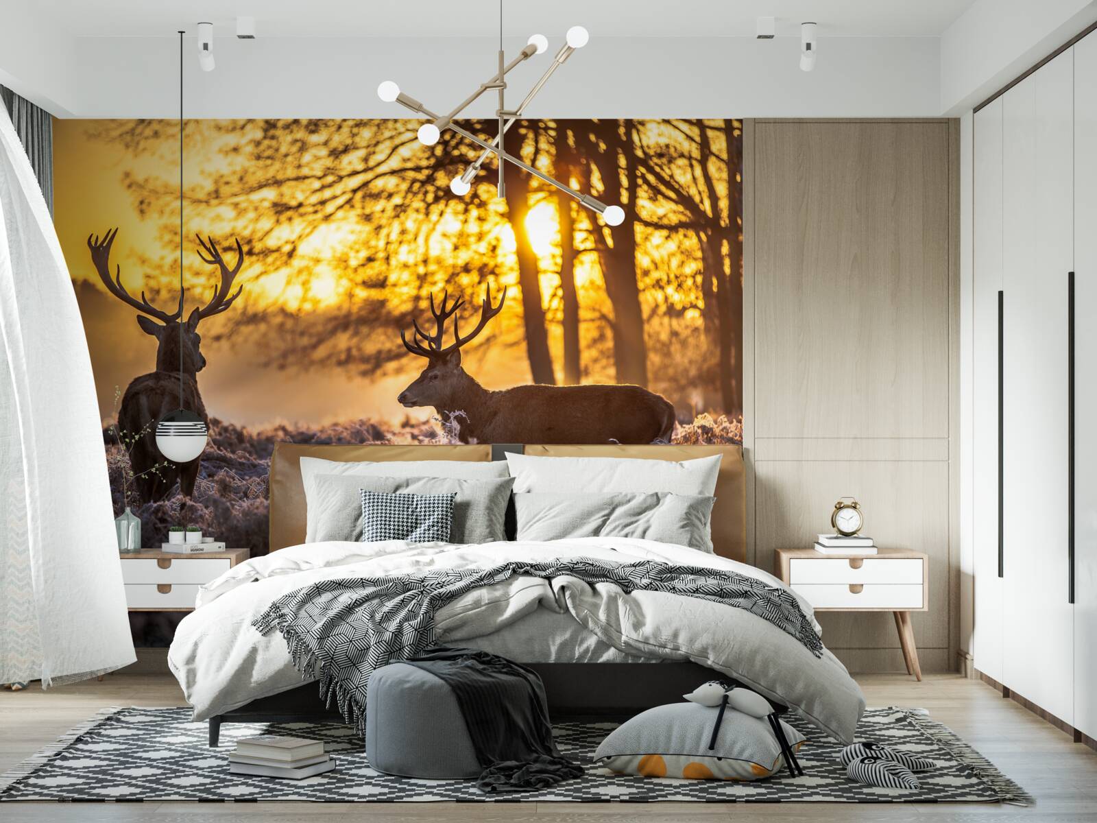 Fototapet apusul este însoțit de o căprioară adultă